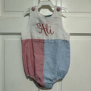 “Ali” Monogrammed Outfit 18 Month Fourth of July USA Summer Seersucker One Piece